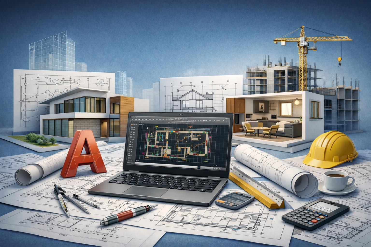 3D illustration of architectural drafting workspace with laptop showing floor plan, construction tools, and building models