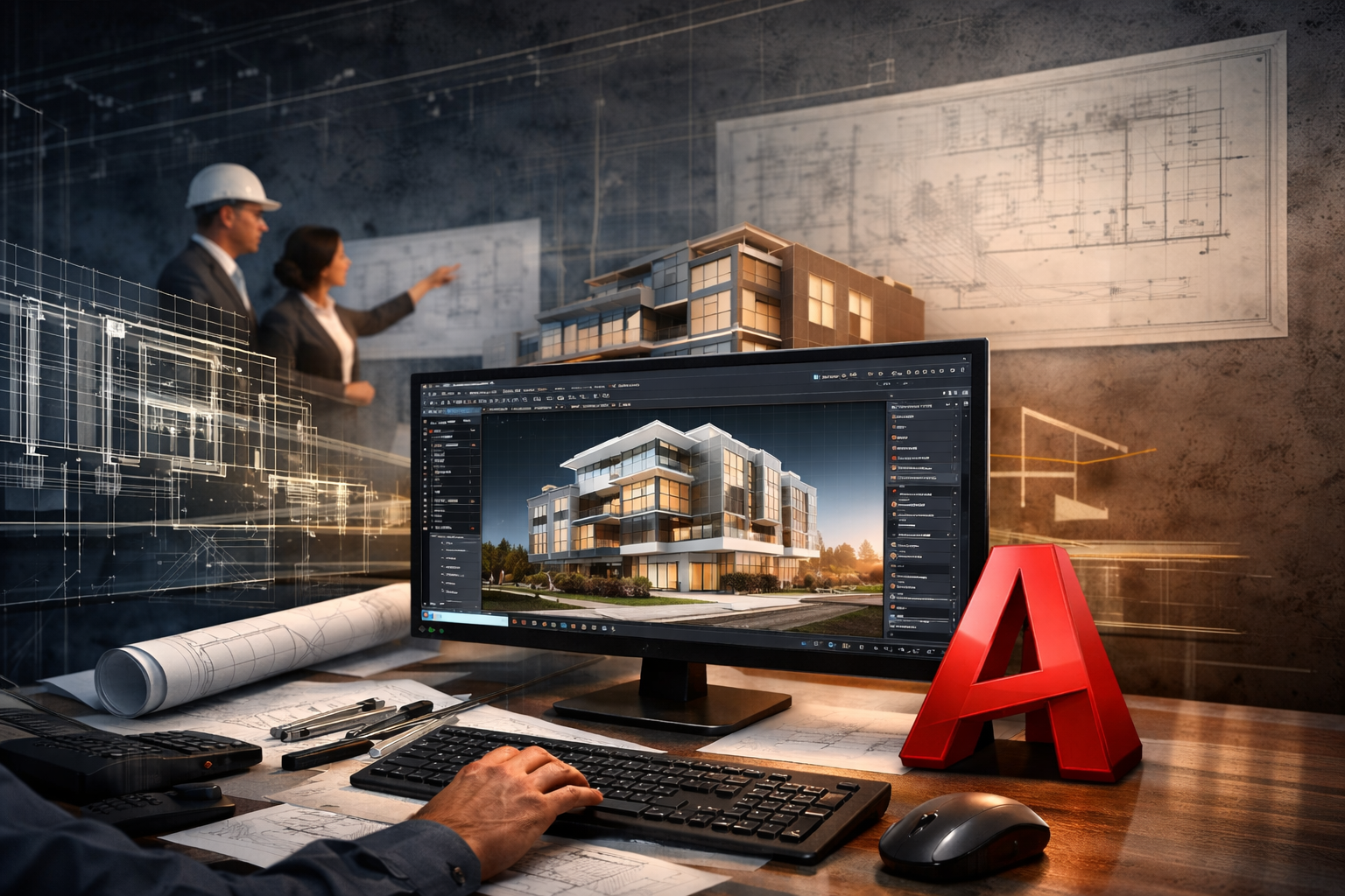 Professional AutoCAD workspace showing a 3D architectural building model on a computer screen with technical drawings and blueprints.